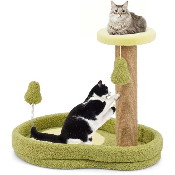 Arbre à chat Avocado - Colonne à griffer - 50 cm de haut - 2 niveaux avec lit pour chat - Troncs en sisal - Jouet à plumes - Revêtement en tissu - Vert