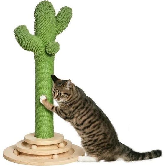 Arbre à chat Cactus - Arbre à chat - 4 niveaux - Tronc en sisal - Balle en peluche suspendue - Socle en bois de pin - 32×32×60 cm - Vert