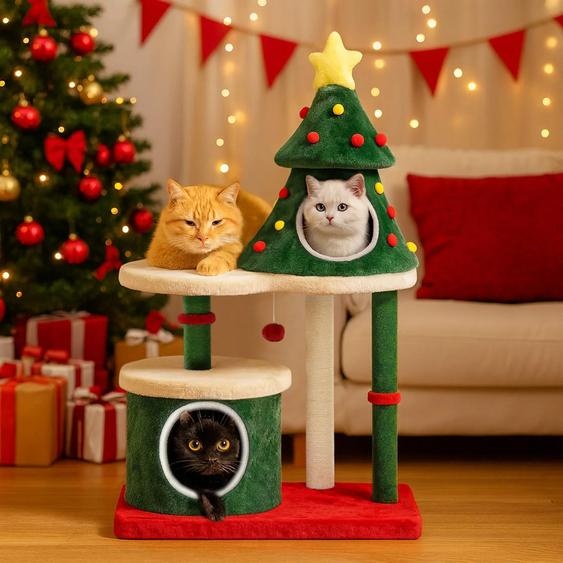 Arbre à chat - CAT TREE-C - Motif sapin de Noël - Deux niveaux - Bois - Maison pour chat - Poteaux à griffer avec balle - Rouge