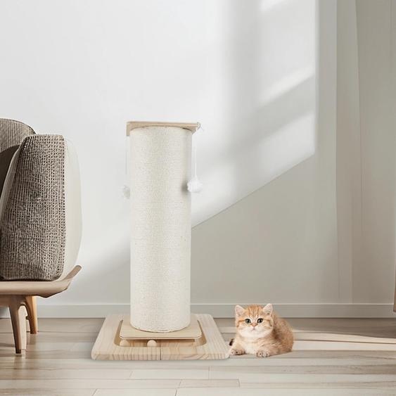 Arbre à chat - Colonne à griffer de 80 cm - Balle suspendue - Base antidérapante - Bois massif - Stable - Blanc
