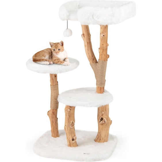 Arbre à chat COSTWAY 110cm, arbre à chat avec siège en peluche, 2 plates-formes & balle de jeu, tour pour chats avec poteau griffoir, meuble pour chats en bois massif blanc