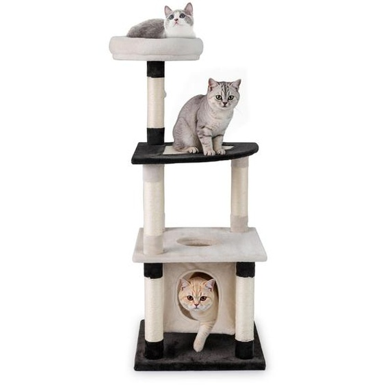 Arbre à chat COSTWAY, 124 cm, Arbre à chat avec niche, lit, poteau à griffer en sisal, balle, base & plateforme bombée, Beige+Noir