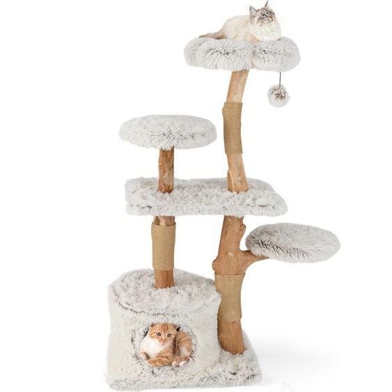 Arbre à chat COSTWAY 135cm, arbre à chat avec grotte pour chats, siège en peluche, plate-forme de siège, balle & poteau griffoir, meuble pour chats, arbre à grimper en bois massif