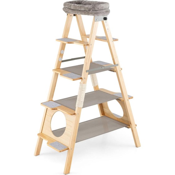 Arbre à chat COSTWAY 151 cm et échelle, arbre à chat à 5 étages avec poteaux à griffer en sisal & aire de repos rembourrée, en pin massif, naturel