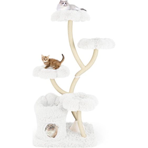 Arbre à chat COSTWAY 165cm, Arbre à chats Meuble pour chats avec 4 surfaces de repos chaudes & grotte pour chats & troncs en sisal, Arbre à grimper Tour pour chats Blanc