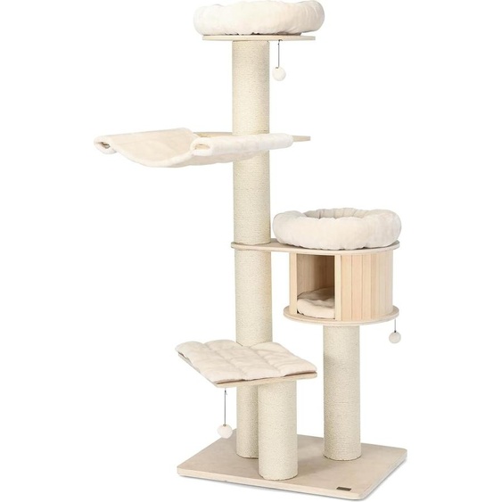 Arbre à chat COSTWAY, 174 cm Arbre à chat en bois massif, plusieurs étages avec colonnes à griffer, grotte, perchoir en peluche, hamac & balles en peluche, arbre à grimper, maison pour chats, meubles pour chats Grand, nature