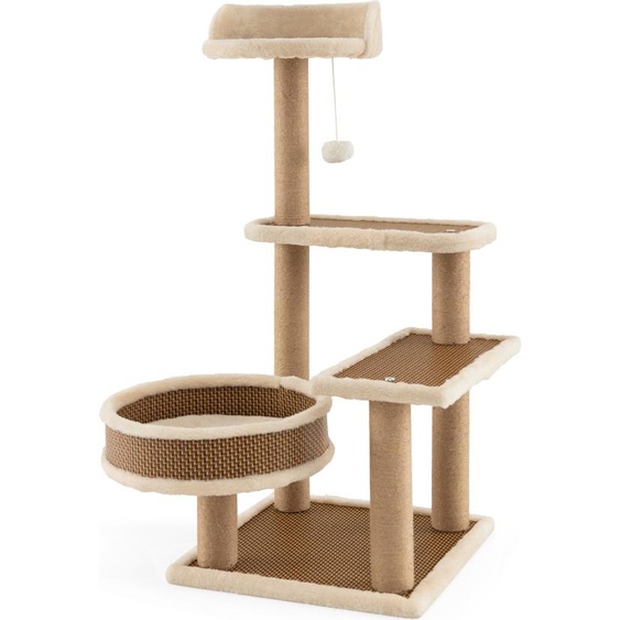 Arbre à chat COSTWAY, 5 étages, en rotin, petit, avec plateforme, balle de jeu, poteaux à gratter et panier, arbre descalade, couleur marron, dimensions : 40x40x90 cm