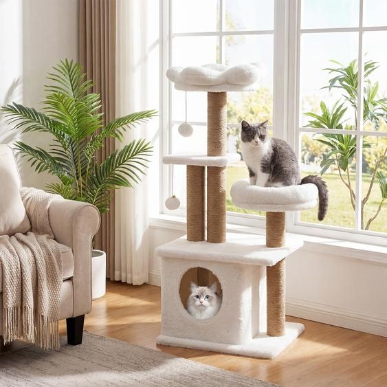Arbre à chat COSTWAY, 96 cm, avec niche, plate-forme, lit, large socle et 2 balles, troncs épais en jute, arbre à chat en bois beige