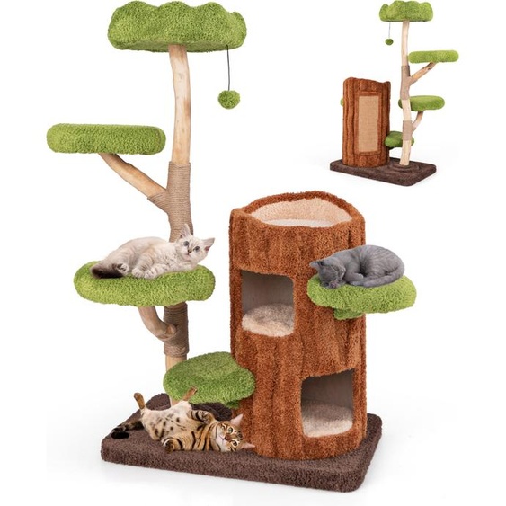 Arbre à chat COSTWAY, arbre à chat avec grotte à deux étages en forme de trou darbre, colonne en jute, surfaces de repos, balle & griffoir, tour pour chats 80x50x141cm