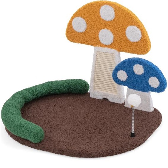 Arbre à chat COSTWAY aspect champignon, arbre à chat avec lit pour chat, griffoir en sisal, balle en plumes & repose-tête, arbre à grimper Meubles pour chats en bois 59x49x43cm Coloré