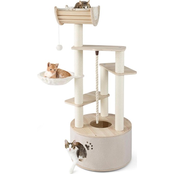 Arbre à chat COSTWAY en bois, 141 cm, arbre à chat avec grande niche, hamac, poteaux à griffer en sisal, balle et plateformes, tronc épais, arbre à grimper naturel