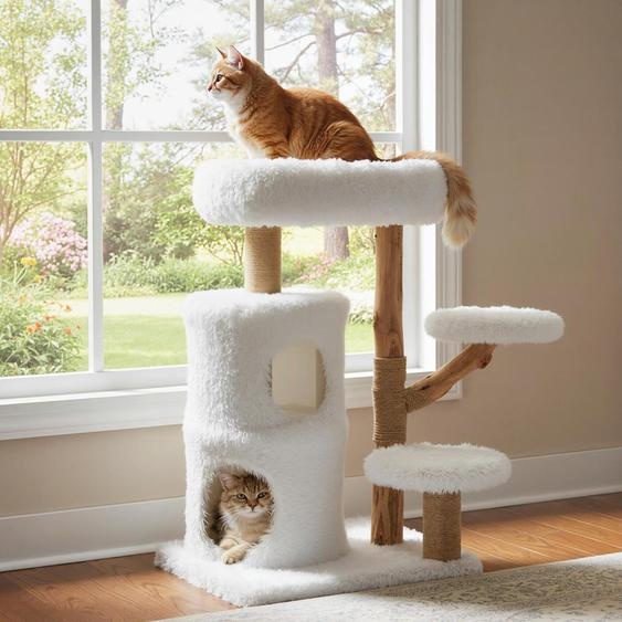 Arbre à chat COSTWAY en bois, hauteur 93 cm, avec plateformes en peluche douce, niche à 2 étages, colonnes à griffer en jute, corde en sisal, blanc