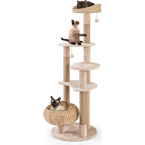 Arbre à chat COSTWAY hauteur 164cm, arbre à chat avec perchoir, lit en osier, poteaux en jute, plates-formes & balles, arbre à grimper pour chats à 6 étages Beige naturel