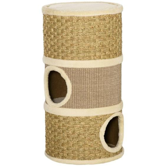 Arbre à chat cylindrique - tour à griffer pour chat - arbre à chat tour - Tonneau griffoir - 3 niches + plateforme - sisal corde dalgues beige