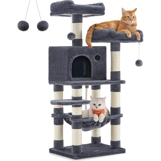 Arbre à chat de 112 cm de haut avec 11 poteaux à griffer - 2 plateformes - 1 niche - 1 hamac - 2 pompons - gris fumé - tissu peluche