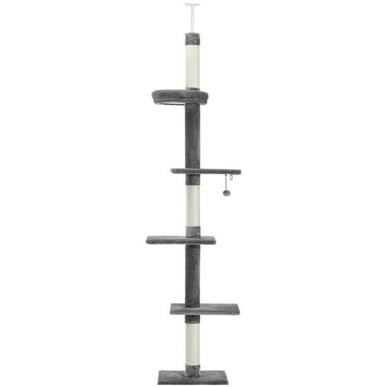 Pawz Road - Arbre à Chat du Sol au Plafond, 5 Niveaux avec Poteaux Griffoirs en Sisal, Hauteur Réglable 238-275cm, Gris