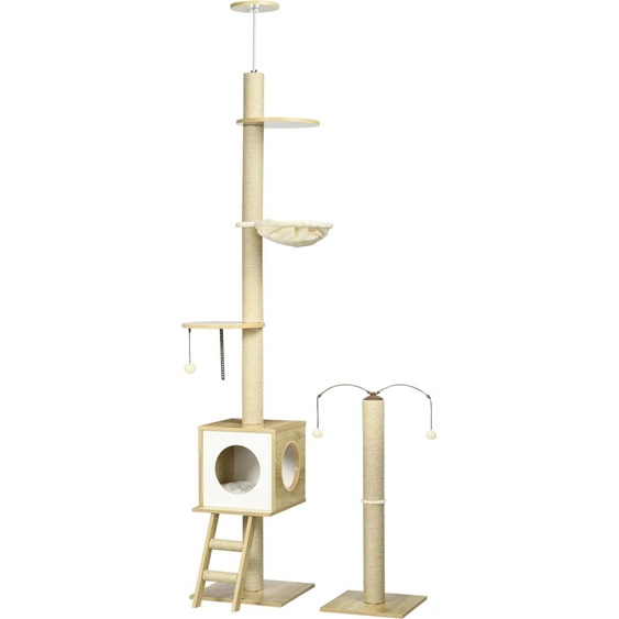 Arbre à chat du sol au plafond - Arbre à chat à grimper - Hauteur 285 cm - Plateau de base 40x40 cm - 5+ niveaux - Troncs à griffer en peluche & jute - Beige