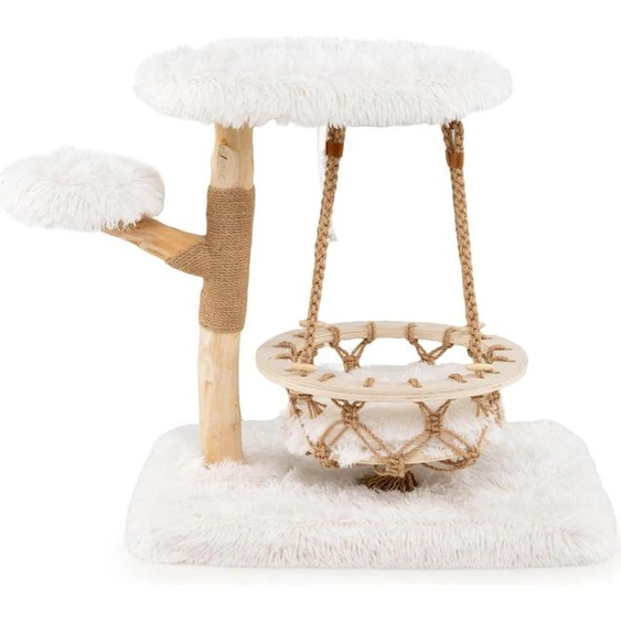 Arbre à chat en bois - Arbre à grimper - 3 niveaux - Panier suspendu - Branches en bois véritable - Colonnes à griffer avec corde en jute - 2 surfaces de repos + plate-forme - Blanc