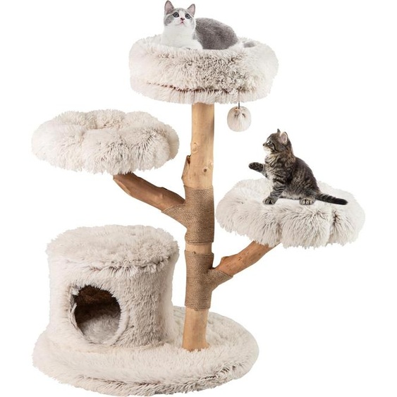 Arbre à chat en bois COSTWAY 102cm, arbre à chat avec niche pour chat, siège en peluche, plateformes poteaux griffoirs en jute & balle, meubles pour chats en bois massif, blanc