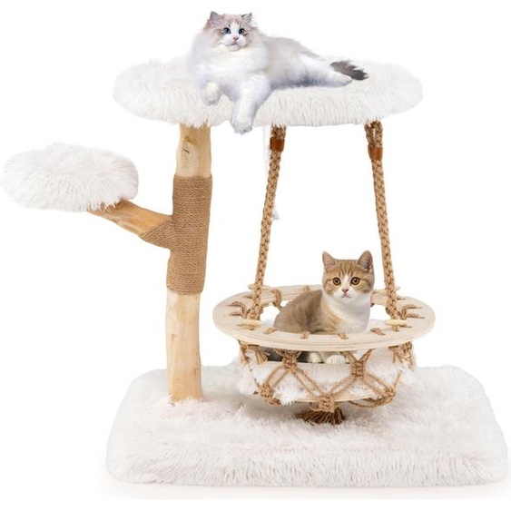 Arbre à chat en bois COSTWAY 123cm, arbre à chat avec panier suspendu, corde, vraies branches en bois, poteau griffoir en jute, 2 perchoirs&plateforme, meuble pour chats naturel+blanc