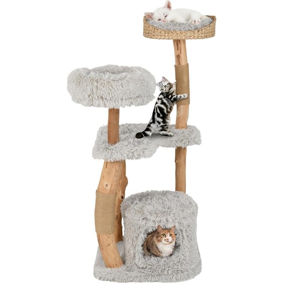 Arbre à chat en bois COSTWAY 124cm, arbre à chat avec poteau griffoir, grotte pour chats, siège en peluche & plateforme dassise, meubles pour chats, arbre à chat, gris