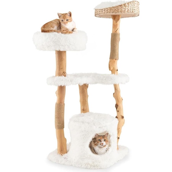 Arbre à chat en bois COSTWAY 124cm, Meuble pour chats en bois massif avec niche pour chats, assise en peluche, plateforme dassise & poteau griffoir, Arbre à chat blanc