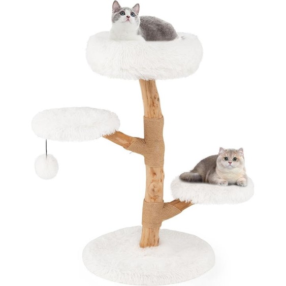 Arbre à chat en bois COSTWAY 90cm, arbre à chat avec 4 sièges en peluche, balle & poteau griffoir en jute, tour pour chats Meubles pour chats en bois massif, arbre à grimper, blanc