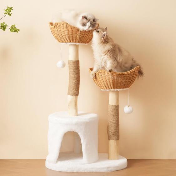 Arbre à chat en bois massif avec 2 corbeilles & grotte, bois naturel & sisal, avec balle en peluche & coussin épais - Durable 108cm