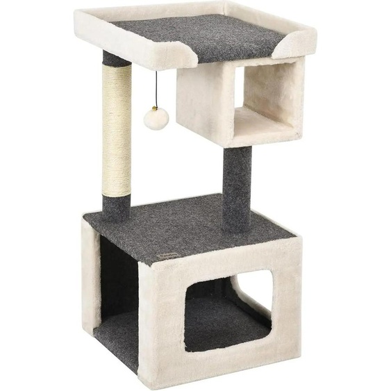 Arbre à chat et arbre à grimper - 2 niveaux - Bois - Stable - Tour descalade et de jeu - Blanc