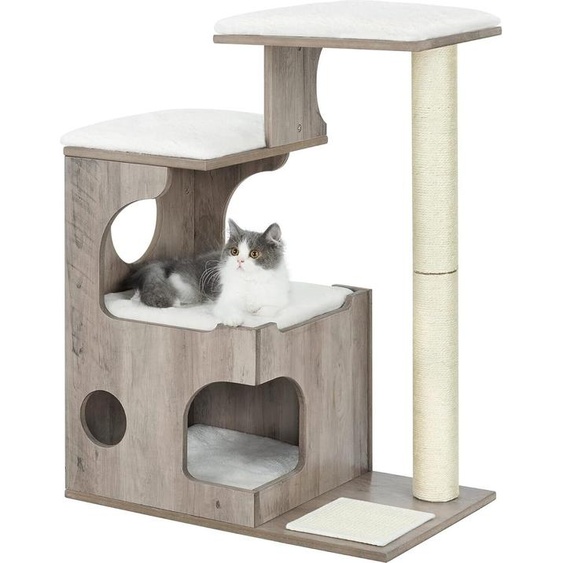Arbre à chat FEANDREA 86 cm, arbre à chat de taille moyenne avec 3 places et une grotte, arbre à chat en MDF avec placage en bois, tronc en sisal, coussins en peluche lavables,