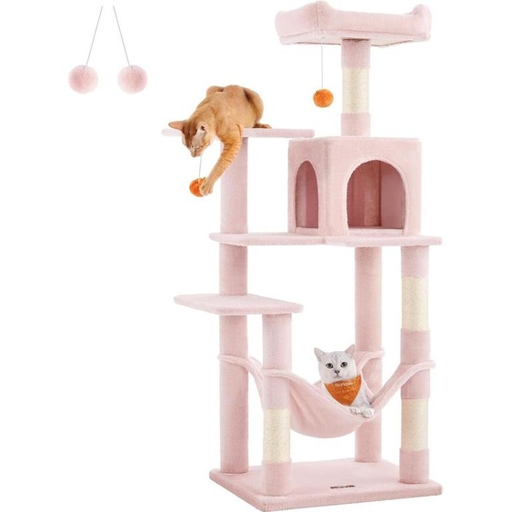 Arbre à chat Feandrea pour chats, hauteur 143 cm, tour de jeu, avec 4 arbres à chat, 2 plateformes, 1 niche, 1 hamac, 2 pompons, en tissu peluche,