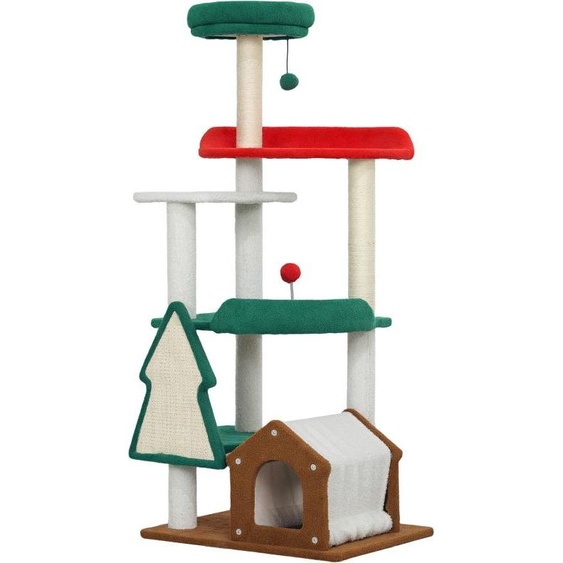 Arbre à chat Fortuna Lai 135 cm aux couleurs de Noël avec lit pour chat, maison pour chat, poteaux à griffer, plateformes de saut, balles jouets