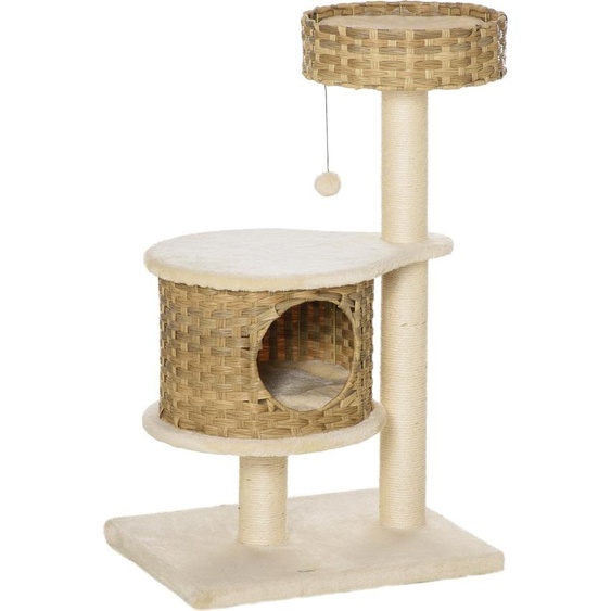 Arbre à chat Fortuna Lai en rotin avec niche et balles, arbre à chat pour petits chats, naturel et beige