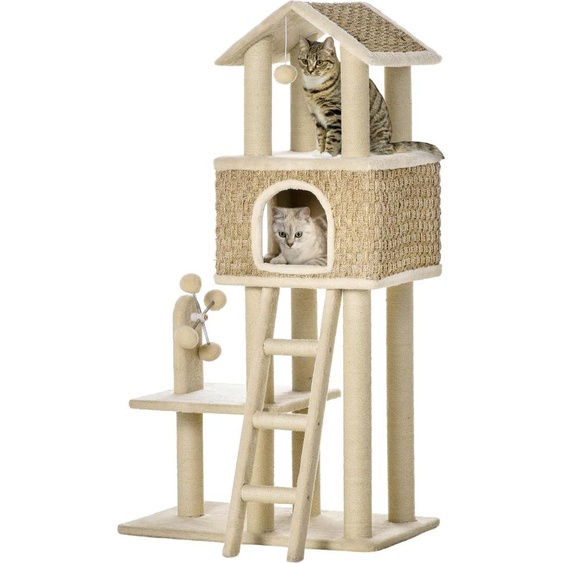 Arbre à chat Fortuna Lai Grand arbre à chat 130 cm, avec niche et balles, troncs en jute, kaki + beige, panneau de particules, peluche