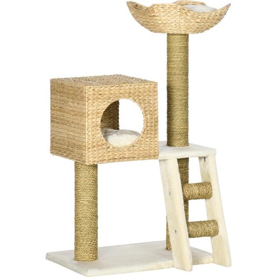 Arbre à chat Fortuna Lai, hauteur 100,5 cm, avec niche, lit et escalier pour chat, poteaux à griffer en sisal et coussins pour petits chats, naturel