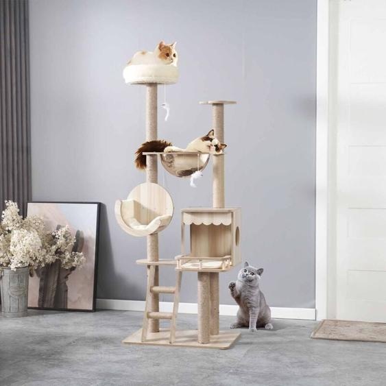 Arbre à Chat Griffoir 155cm Tour descalade Stable à Plusieurs Niveaux Arbres dactivité avec 4 poteaux en sisal 4 nids pour Chat Chaton 60 x