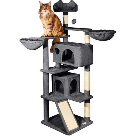 Arbre a chat, Griffoir pour chat, Perchoir, Niches, Hamac, Balles, Colonnes en Sisal, Peluche, Multi-niveaux Tour, Hauteur 165 cm, gris foncé Paitsy