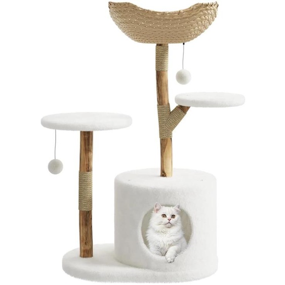 Arbre à chat - Hauteur 104 cm - Bois et rotin - 4 niveaux avec des plateformes de repos - Design moderne pour intérieur - Blanc