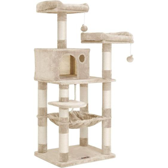 Arbre à Chat Hauteur 143 cm, Tour de Jeux pour Chat, avec 11 Poteaux à Griffer, 2 Plateformes, 1 Niche, 1 Hamac, 2 Pompons, en Tissu Peluche,