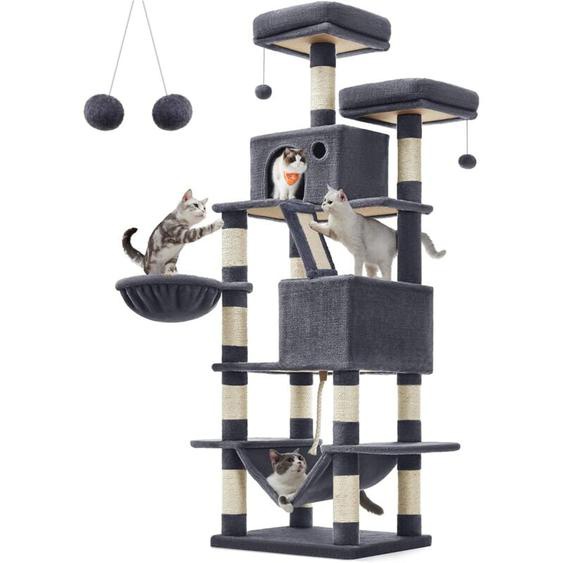 Feandrea - Arbre à Chat, Hauteur 168 cm, avec 13 Griffoirs, 2 Plate-forme, 2 Niches, Panier, Hamac, Pompon, Tissu Peluche, Multi-niveaux pour Chat