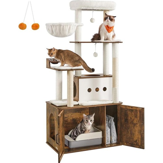 Arbre à chat, hauteur 170 cm, avec meuble pour bac à litière, brun vintage