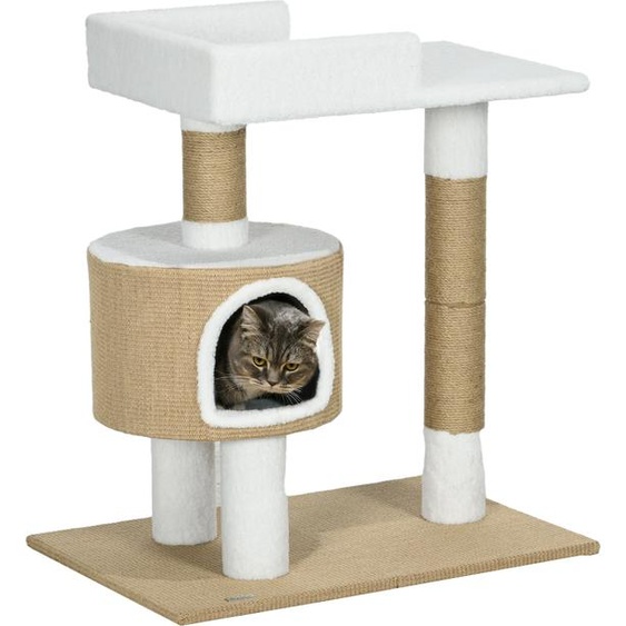 Arbre à chat PawHut 79 cm Petit arbre à chat avec niche pour chat, arbre à chat avec surface de repos, arbre à grimper en jute pour chats jusquà 8 kg, meuble pour chats, brun, blanc, imitation cachemire