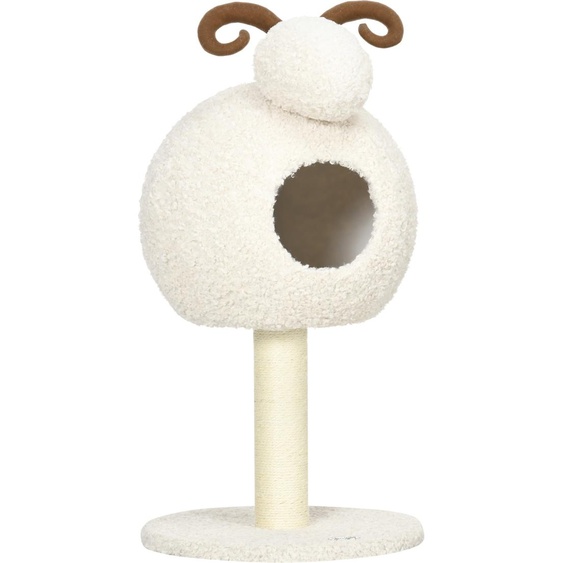 Arbre à chat PawHut, 80 cm, arbre à chat avec grotte pour chats, arbre à chat design chèvre, arbre à grimper avec colonne de sisal et cadre en peluche, meuble pour chats, blanc crème