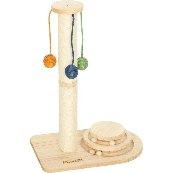 Arbre à chat pour chats - Colonne griffoir - 4 niveaux - 3 balles suspendues - Piste de boules - Pin & sisal - 40×26×56,5 cm - Bois naturel