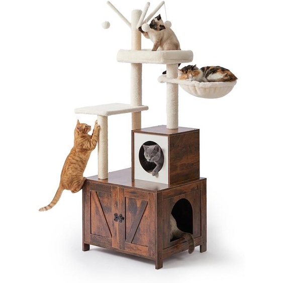 Arbre à chat Relaxdays avec meuble pour bac à litière, dimensions : 150 x 60 x 49 cm, poteaux en sisal et niche, style industriel, marron foncé/blanc