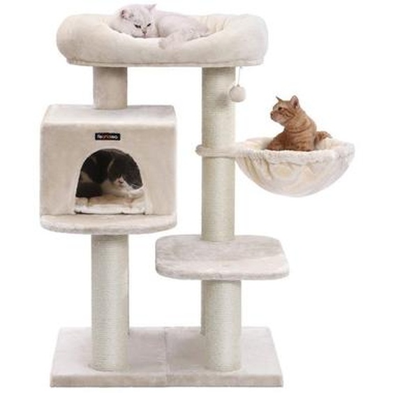 Arbre à chat Rootz - À deux étages - Orientable - Grattoir - Pour grands chats - Plateforme dobservation - Modèle peu encombrant - Panneaux de particules s CARB - Tissu peluche et sisal - Beige - 70 x 60 x 112 cm
