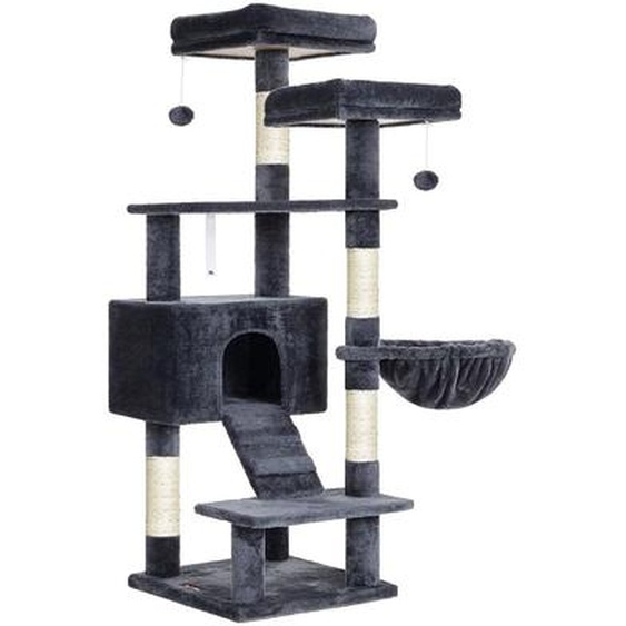 Arbre à chat Rootz à plusieurs niveaux - Grattoir - Tour à niches - Plateformes surélevées - 50 cm x 45 cm x 142 cm - Gris fumé - Panneaux de particules recouverts de sisal moelleux - 14 kg