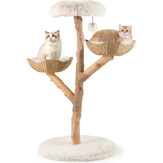 Arbre à chat - Tour descalade pour chats - Hauteur 122 cm - 3 niveaux - 2 paniers en rotin - Siège en peluche douce - Corde en jute et balle - Bois massif - Blanc