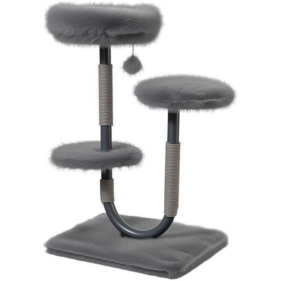 Arbre à chat urbain compact Fudajo, 99 cm, gris, de forme en U, avec panier pour chat, corde à gratter et jouet