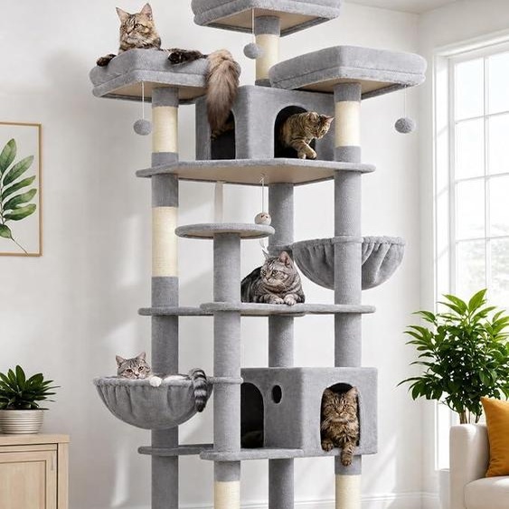 Arbre à chat XXL pour grands chats, 209 cm de hauteur, avec 3 poteaux recouverts de tissu, 2 maisons pour chats, une grande surface de repos, 2 paniers en peluche. Arbre à chat de luxe, stable pour les chats adultes de grande taille (référence F82,